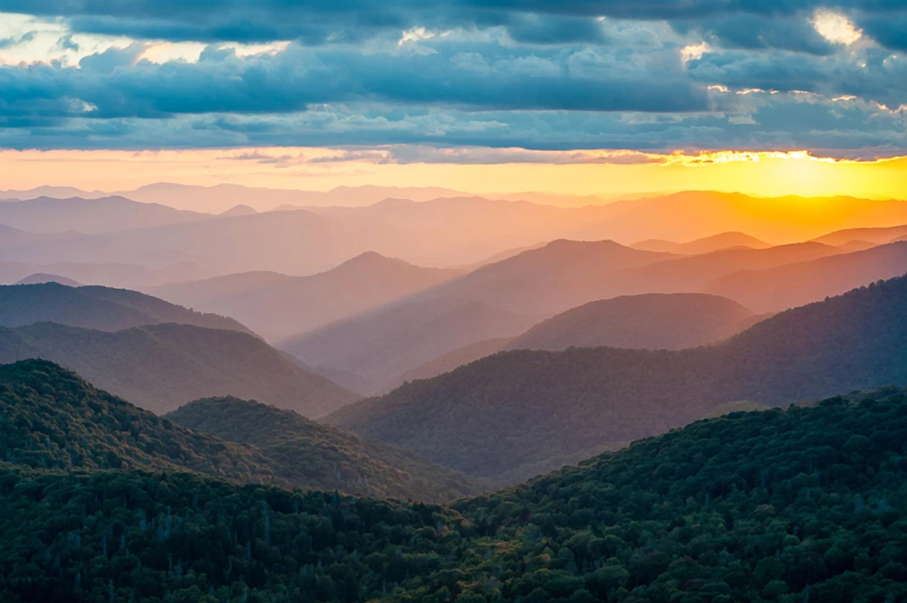 Sunset over the mountains at Bear Trap Gap. Mountain view at sunset.