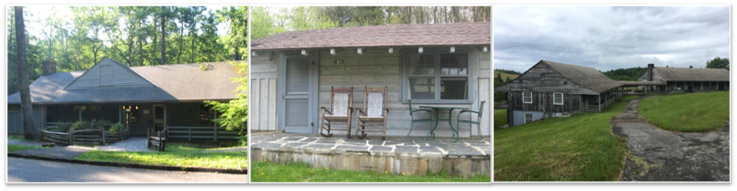 3 facilities RFEI FEB2024 Exterior photos of the three properties included in the RFEI, from L to R – Otter Creek Restaurant, Rocky Knob Cabins, Bluffs Lodge. NPS Photos.