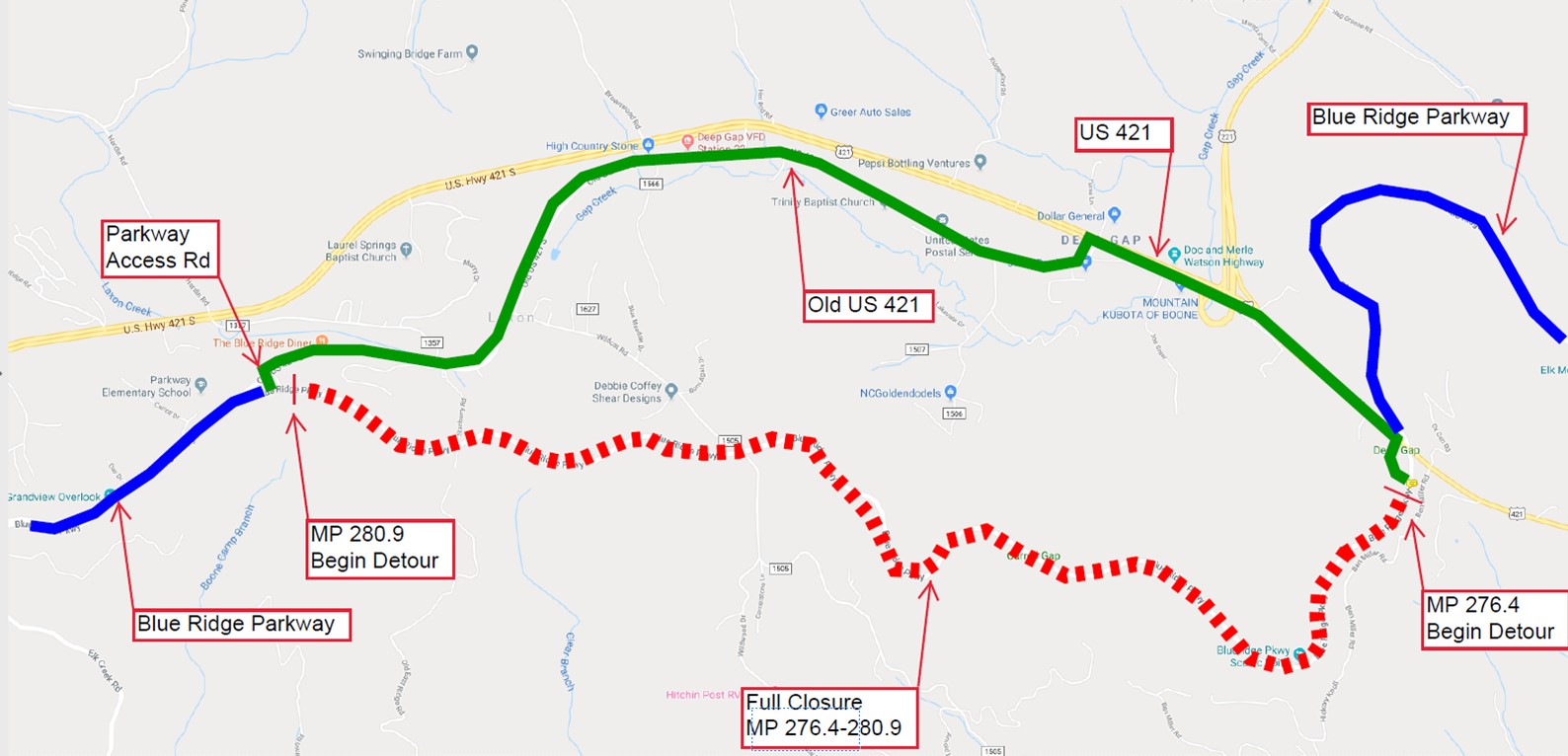 A map depicting the suggested detour for the slide project including a red dashed line on the closure area and a green line marking the detour as described in the news release.