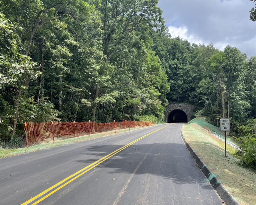 Newly completed road section and slide repair at Ferrin Knob Tunnel No. 3.