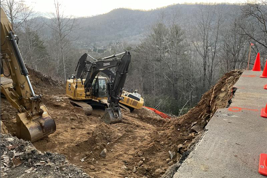 Crews working in March 2025 to repair and stabilize the Blue Ridge Parkway near Haw Creek Overlook, NC.