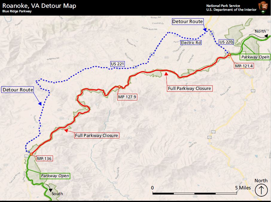 Geospatial image of parkway closure and detour along milepost 121.4-136.0