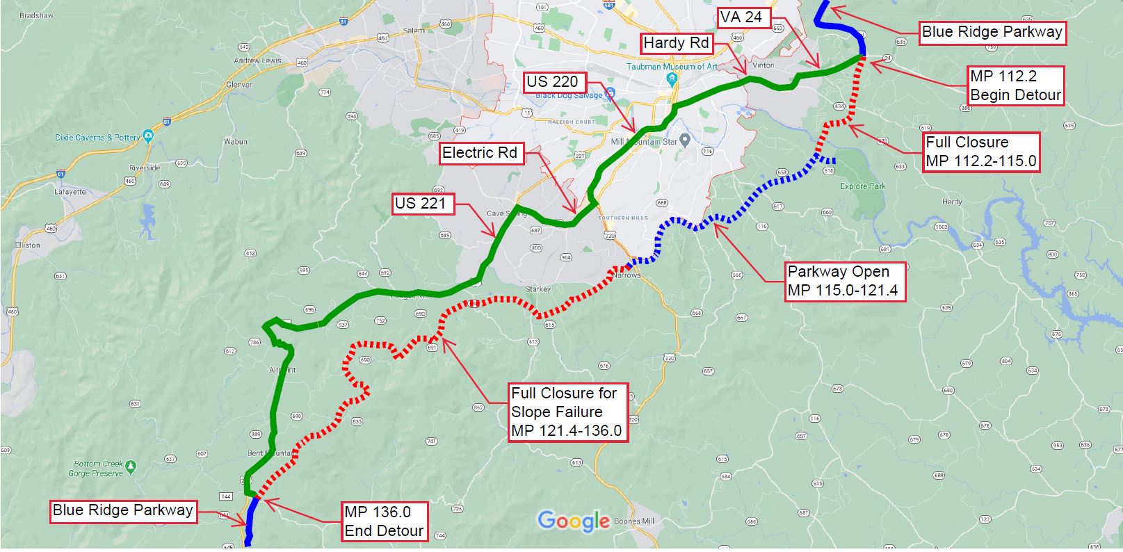Map showing detour around Roanoke River Bridge construction closure due to closures from Milepost 112 to Milepost 136 on the Parkway. Shown as a solid greed line, this detour will be in place from VA Route 24 at Washington Ave. to Adney Gap at US 221.  
