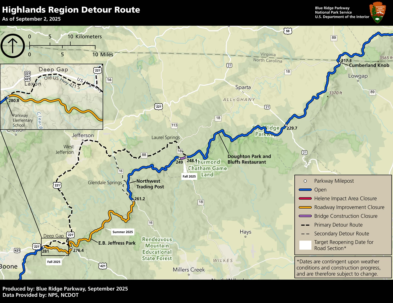 September 2, 2025 Highlands Detour Map Map highlighting detours, open and closed sections, and target completion dates for road construction in the Highlands region of NC.