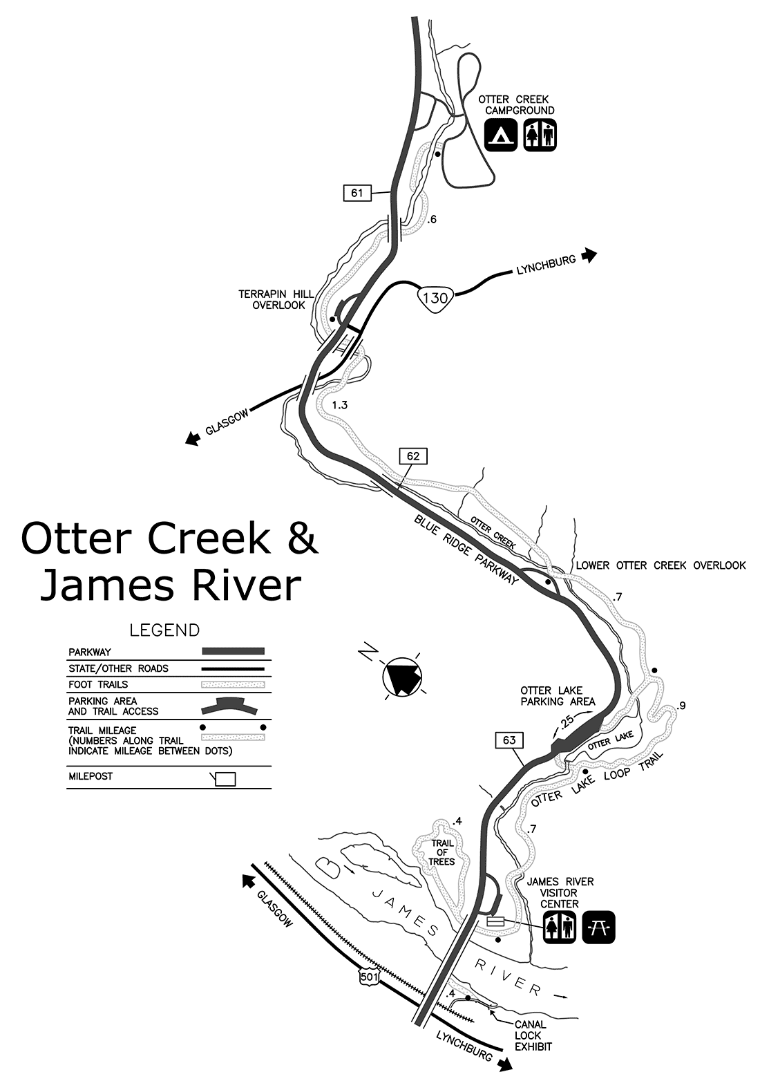 a map of the otter creek and james river trails