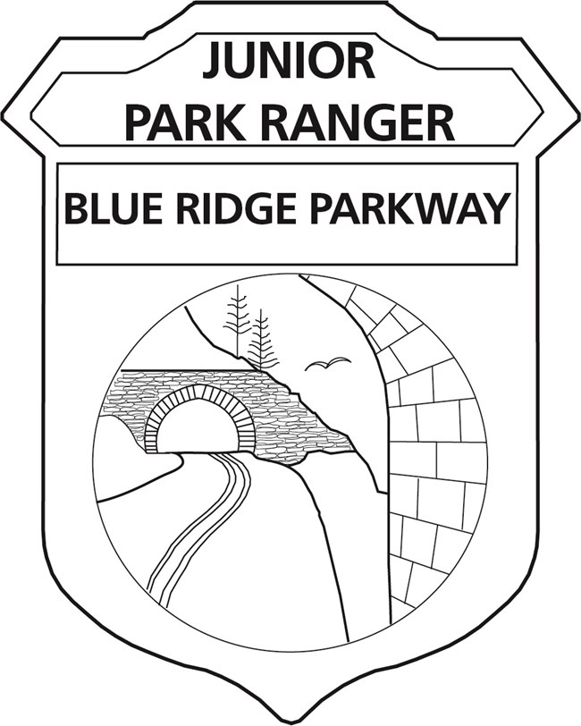 Image is a black and white badge with the words "Junior Park Ranger" and " Blue Ridge Parkway". Badge has an illustrated image of a road winding through a rock-lined tunnel in the side of a mountain.