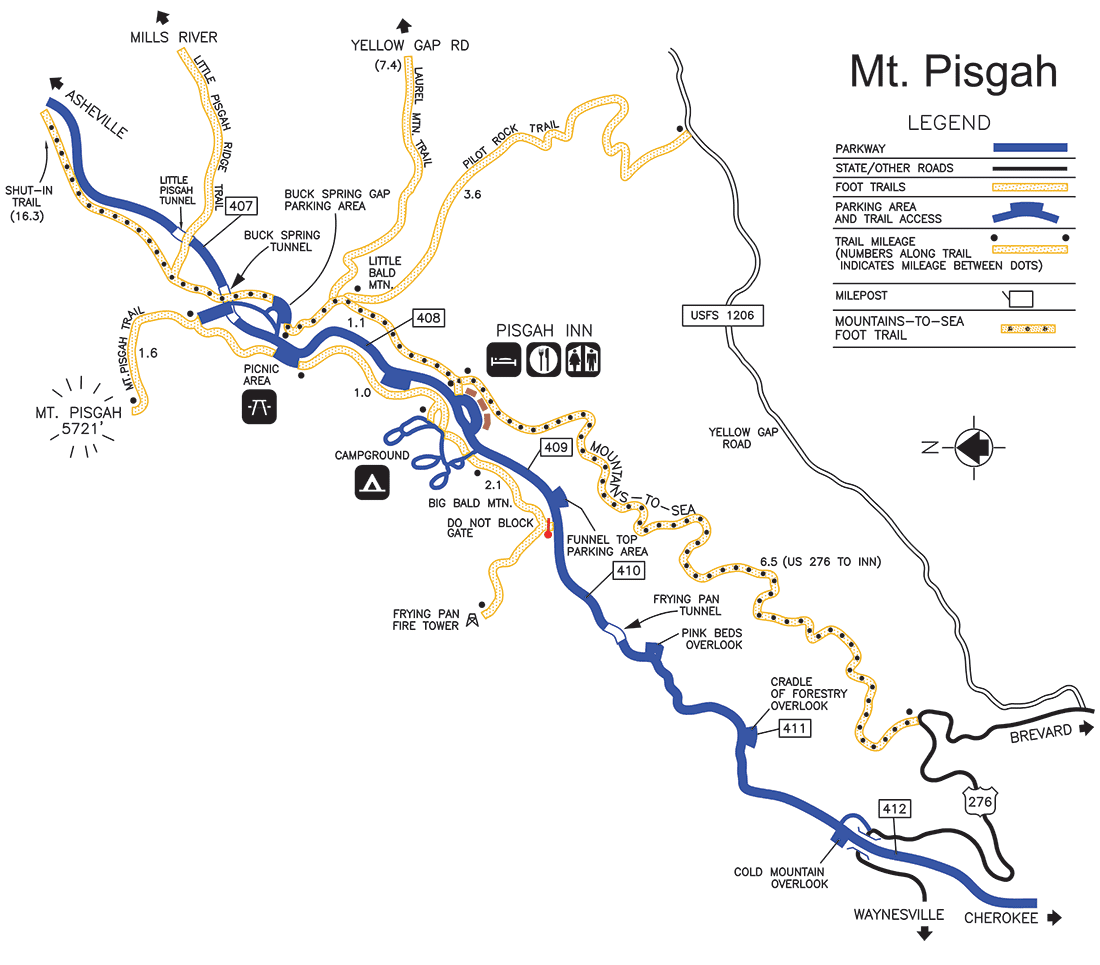a map of the hiking trails in the Mount Pisgah area