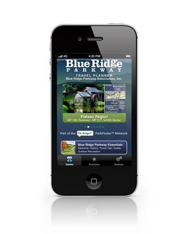 Image of a smart phone displaying the free Blue Ridge Parkway Travel Planner app.