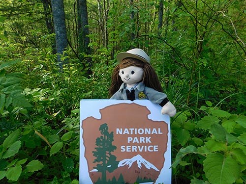 A rag doll dressed like a female park ranger stands in the woods behind a National Park Service sign