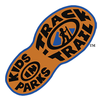 A logo that looks like the tread of a hiking boot. The "treads" spell out "Kids in Parks" and "Track Trail."