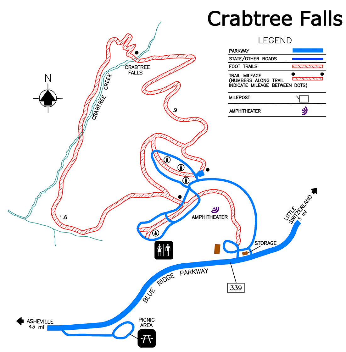 map of hiking trail to crabtree falls