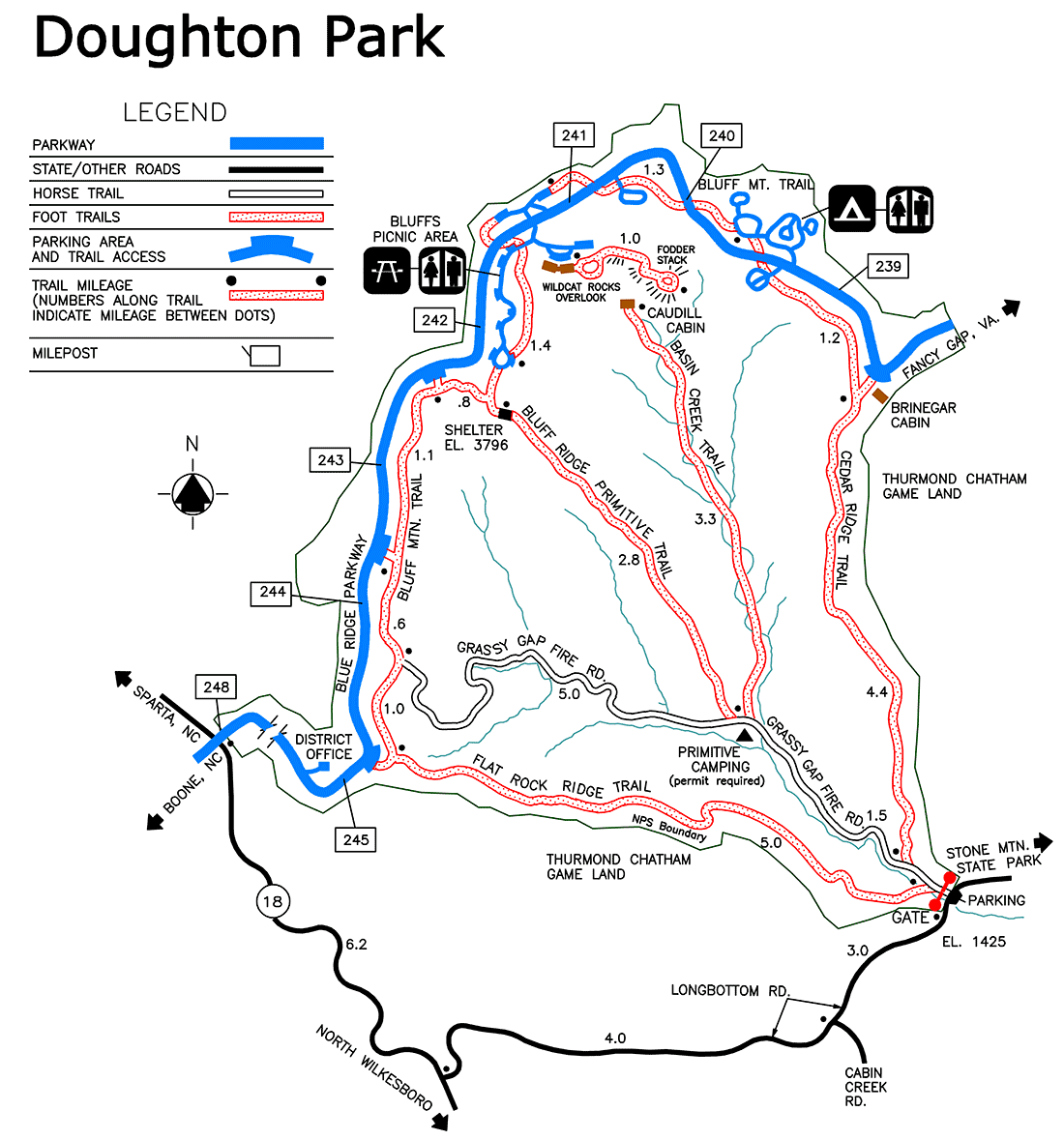 map of hiking trails in Doughton Park area