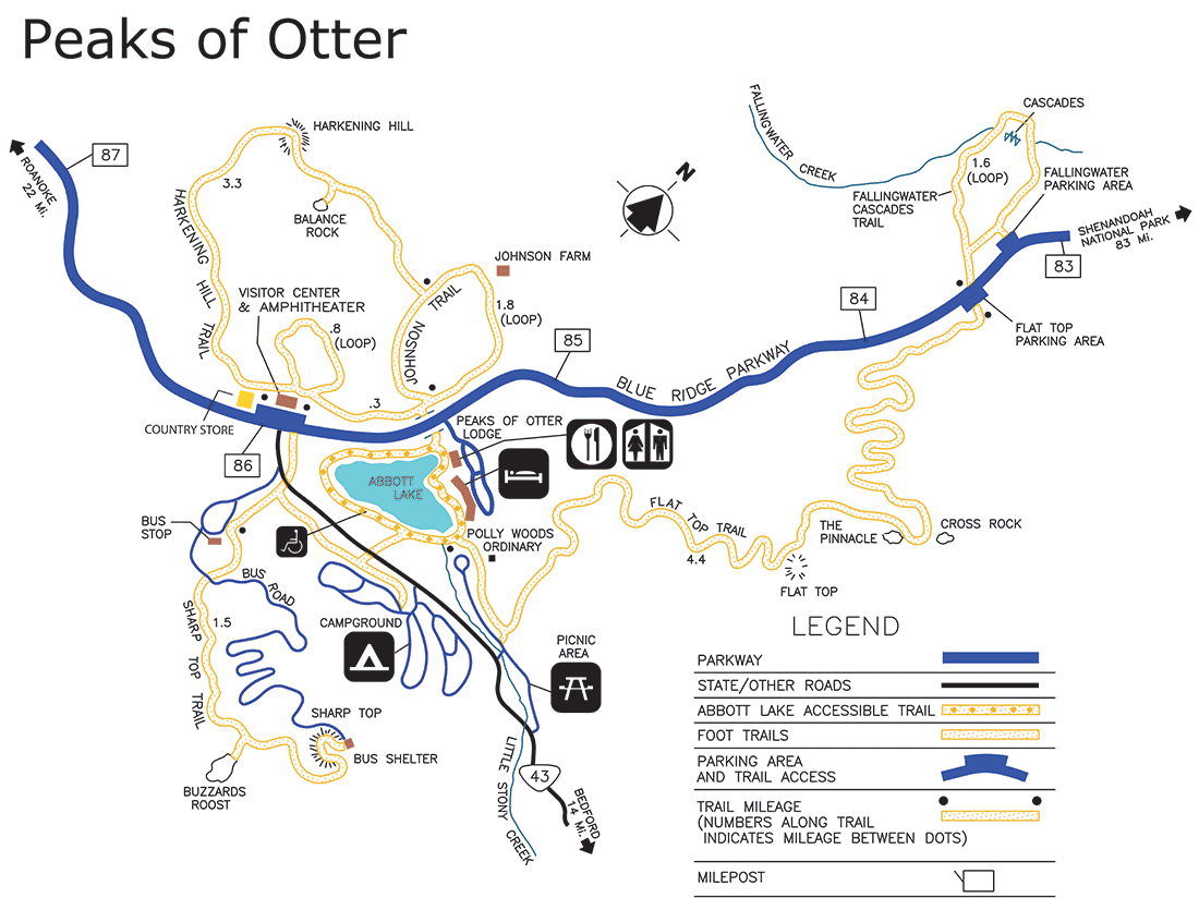 map of the hiking trails in the Peaks of Otter area
