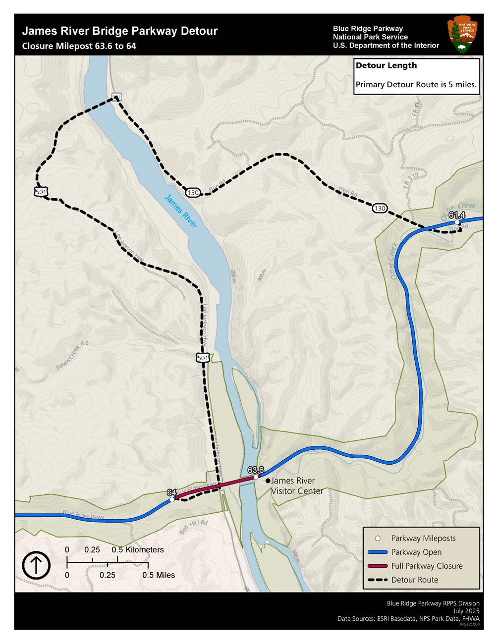 james river bridge detour map AUG2025 Map of the detour route for the James River Bridge while repairs are made.