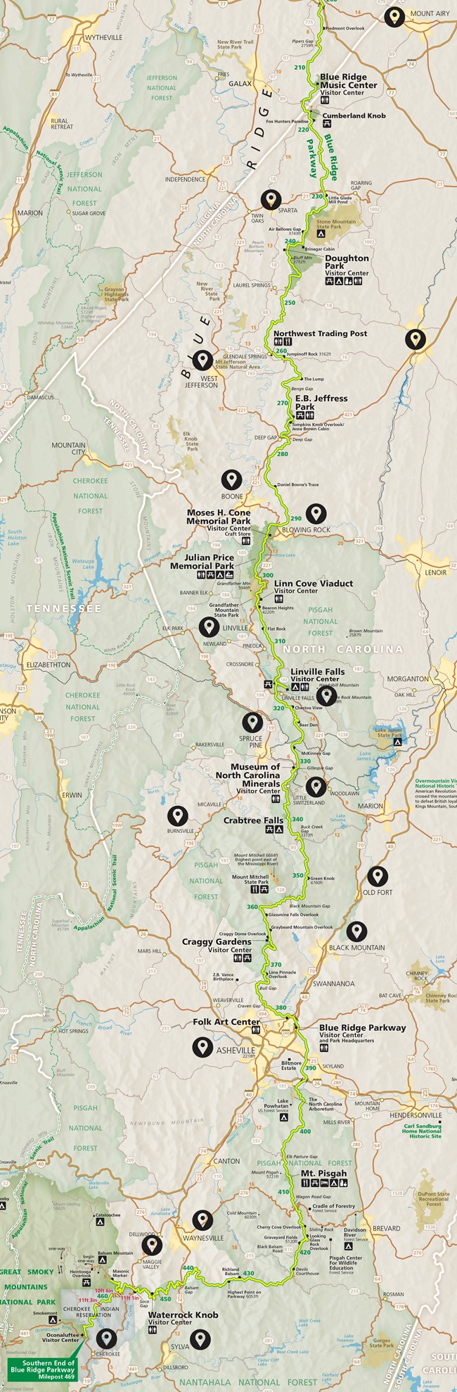 map of parkway in NC with pins on local communities