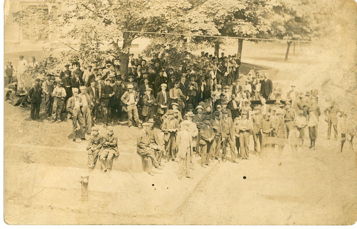 Hopedale workers gather outside during the 1913 strike.