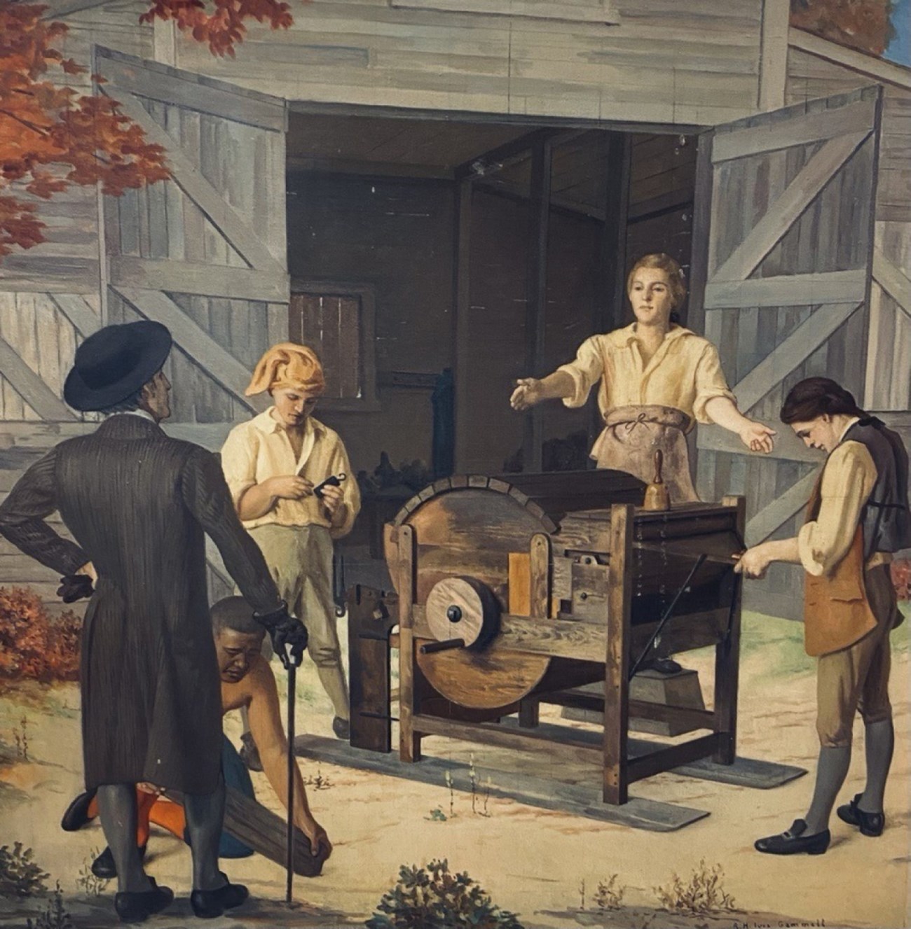 Image of Samuel Slater with showing the carding engine to Moses Brown with an unnamed African-American man in a deferential pose in front of Brown