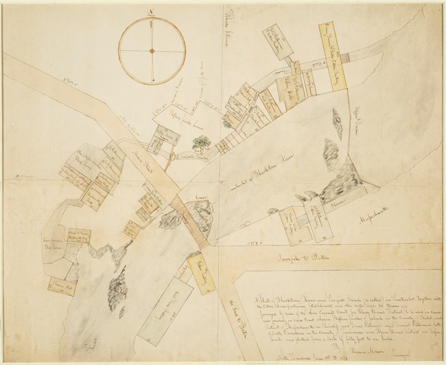 Map of the village of Pawtucket showing Blackstone River, Slater Mill and other manufacturing operations. Map is on a brownish colored paper with colored polygons