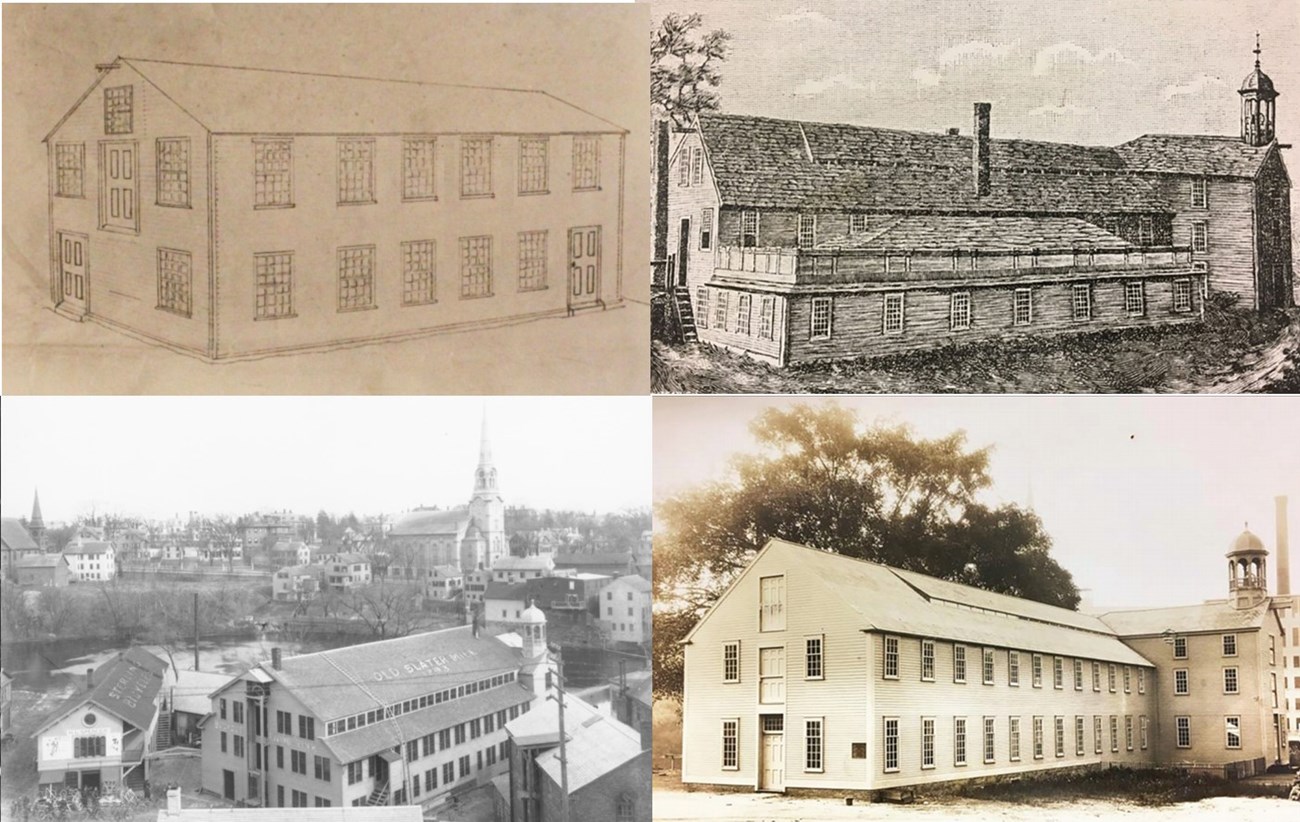 Evolution of Slater Mill (4 images 1793, 1850, 1890 and 1925)