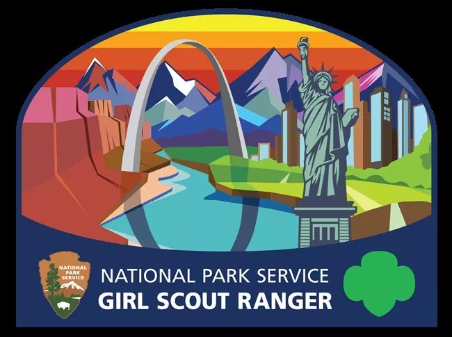 An image of colorful American landmarks with text: National Park Service Girl Scout Ranger on bottom
