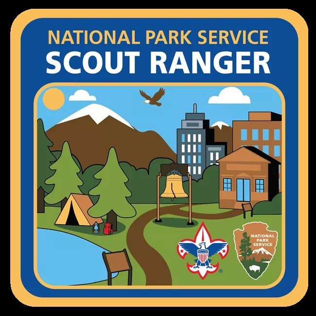 Image of a campsite with the liberty bell in front, with NPS and Boy Scouts logo