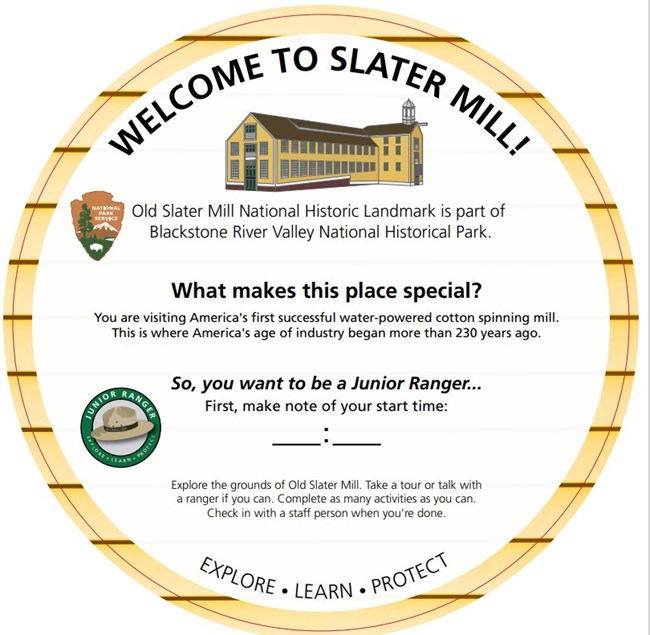Cover page of book. Yellow clapboards make up the perimeter with an image of a yellow mill building in the top center. Large text that says "Welcome to Old Slater Mill"