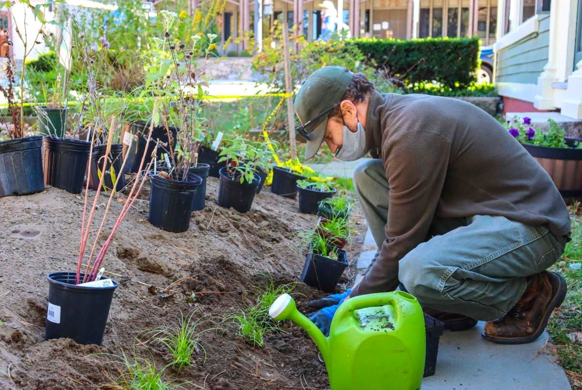 Maintenance Worker Aaron Erzinger plants flower.