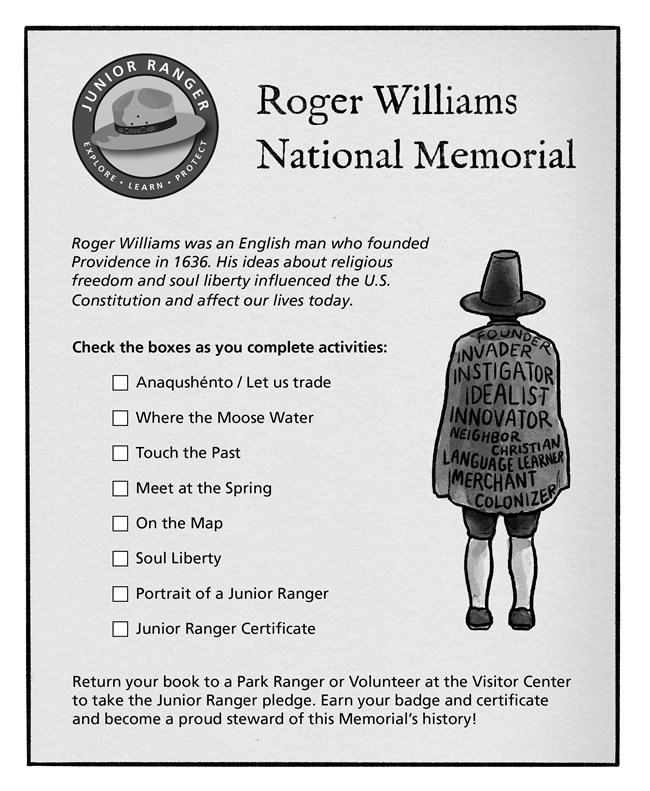 RWNMworkingfinalSpreads_Page_1 Page with text and drawing of a colonial era man with beaver hat and cape facing away