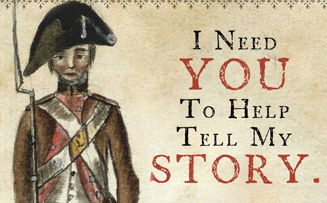 Drawing of Revolutionary War soldier next to text