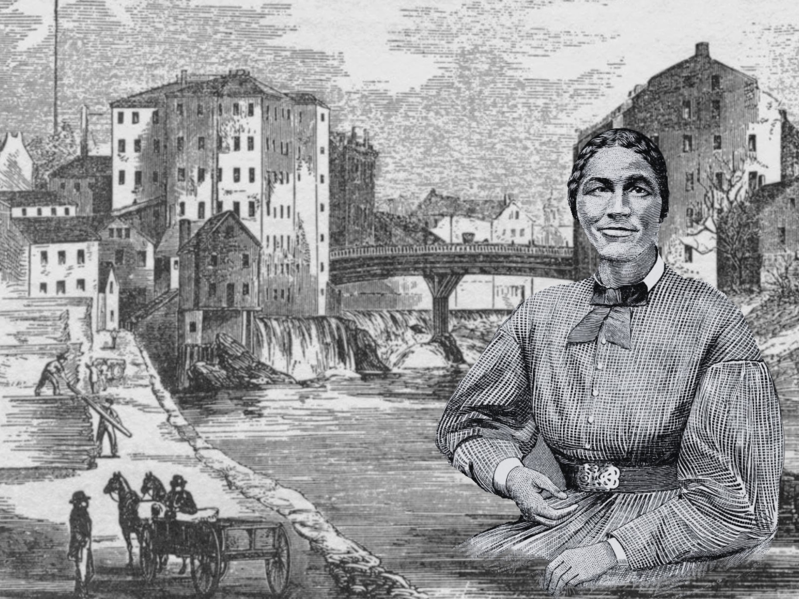 laboring for freedom graphic Woodcut of Bethany Veney (woman in dress) superimposed over an industrial scene with mill buildings, bridges, a river and roads