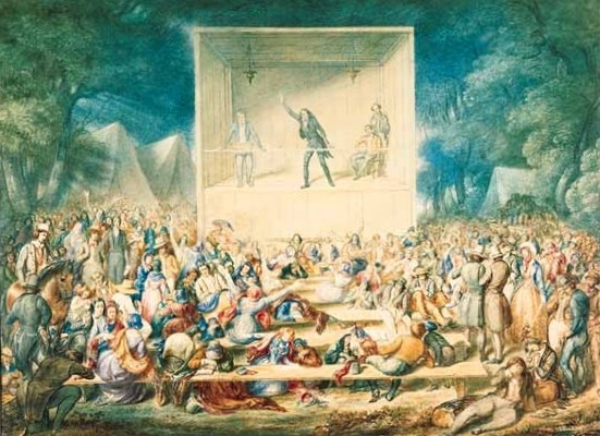 Painting of a religious revival circa 1839. Man preaching from a stage to a large crowd of people