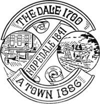 Town seal reading "The Dale 1700" "Hopedale 1841" "A Town 1886" with images of workers in a mill and a farmer behind a plow