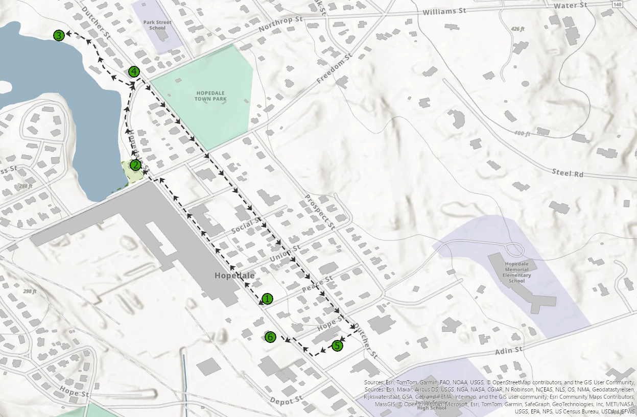 HopedaleMap1 Map of Hopedale with dotted line with arrows and numbered circles