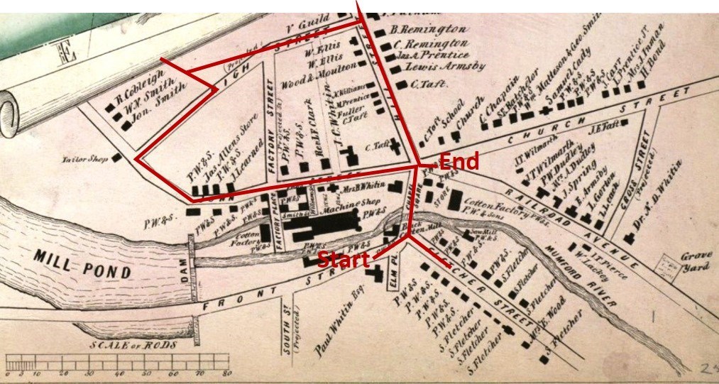 1849 Map of Whitinsville with the Walking Tour Highlighted
