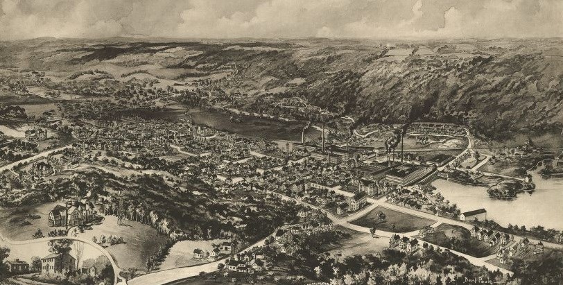 Aerial map of Hopedale with Draper Corporation factory in center