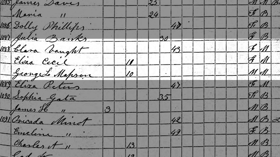 Selection of a 1855 Census record with the names Clara Vaught, Eliza Cecil, and George Mapson highlighted.