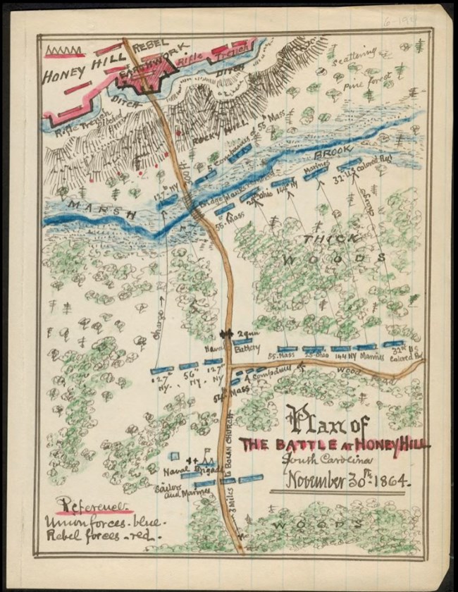 Plan of the Battle of Honey hill, with earth works and positions outlined