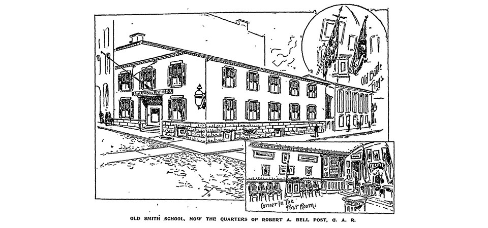 Print of the Old Smith School, a long rectangular building, as the GAR headquarters