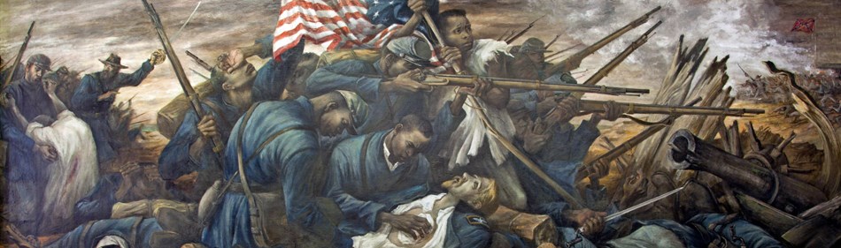 Painting of the Battle of Fort Wagner with men of the 54th MA Regiment fighting and wounded.