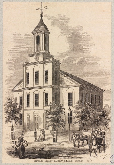 sketch of two story building with central tower at the front of the building.