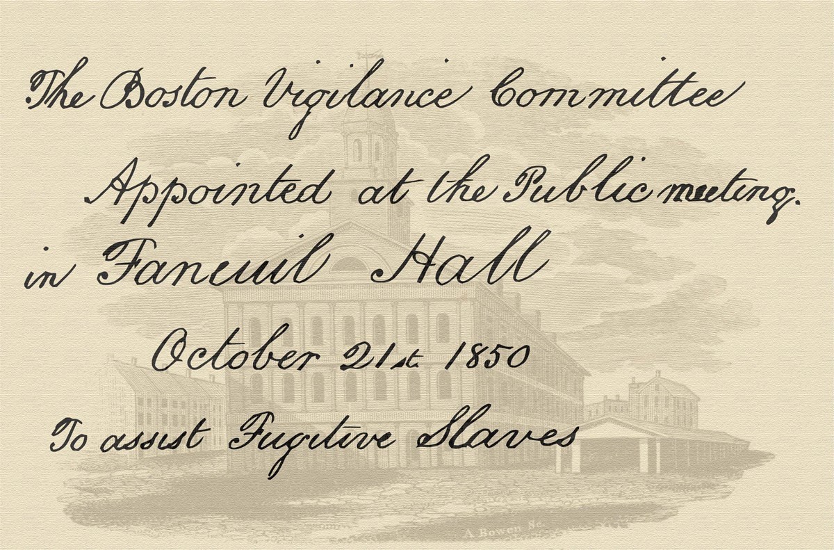 Title page text of the Boston Vigilance Committee Account Book with a faint Faneuil Hall engraving overlay.
