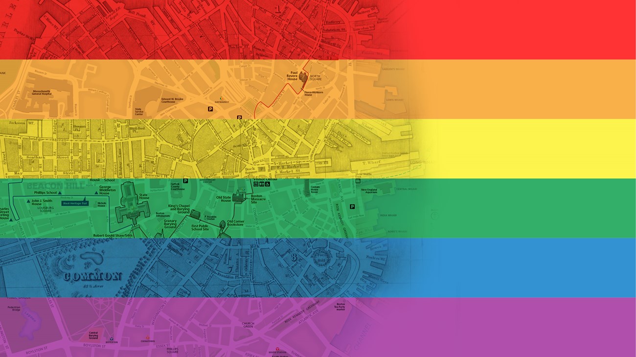 Rainbow flag imposed over cutaways of maps of downtown Boston