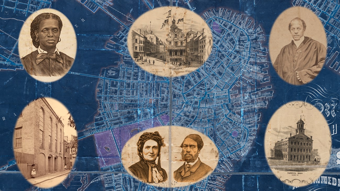 Map with sepia toned cameo images of individuals and buildings