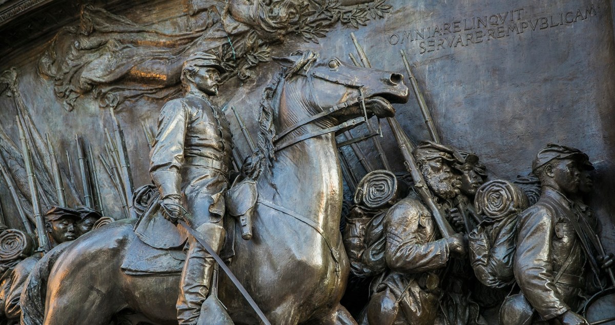 close up of bronze soldiers and Robert Gould Shaw on horseback