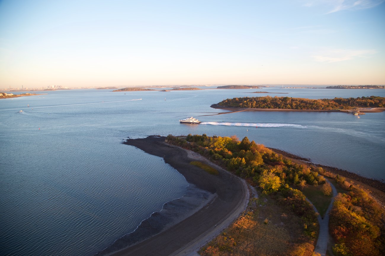 peninsula and ferry at sunrise