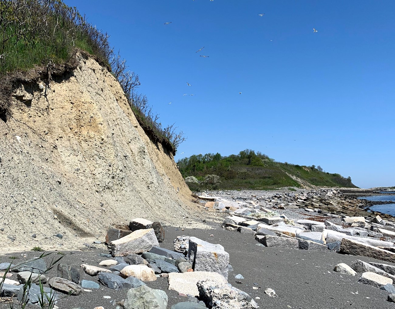 pebble shoreline with a shrub-covered bluff to the left and a hill in the distance.