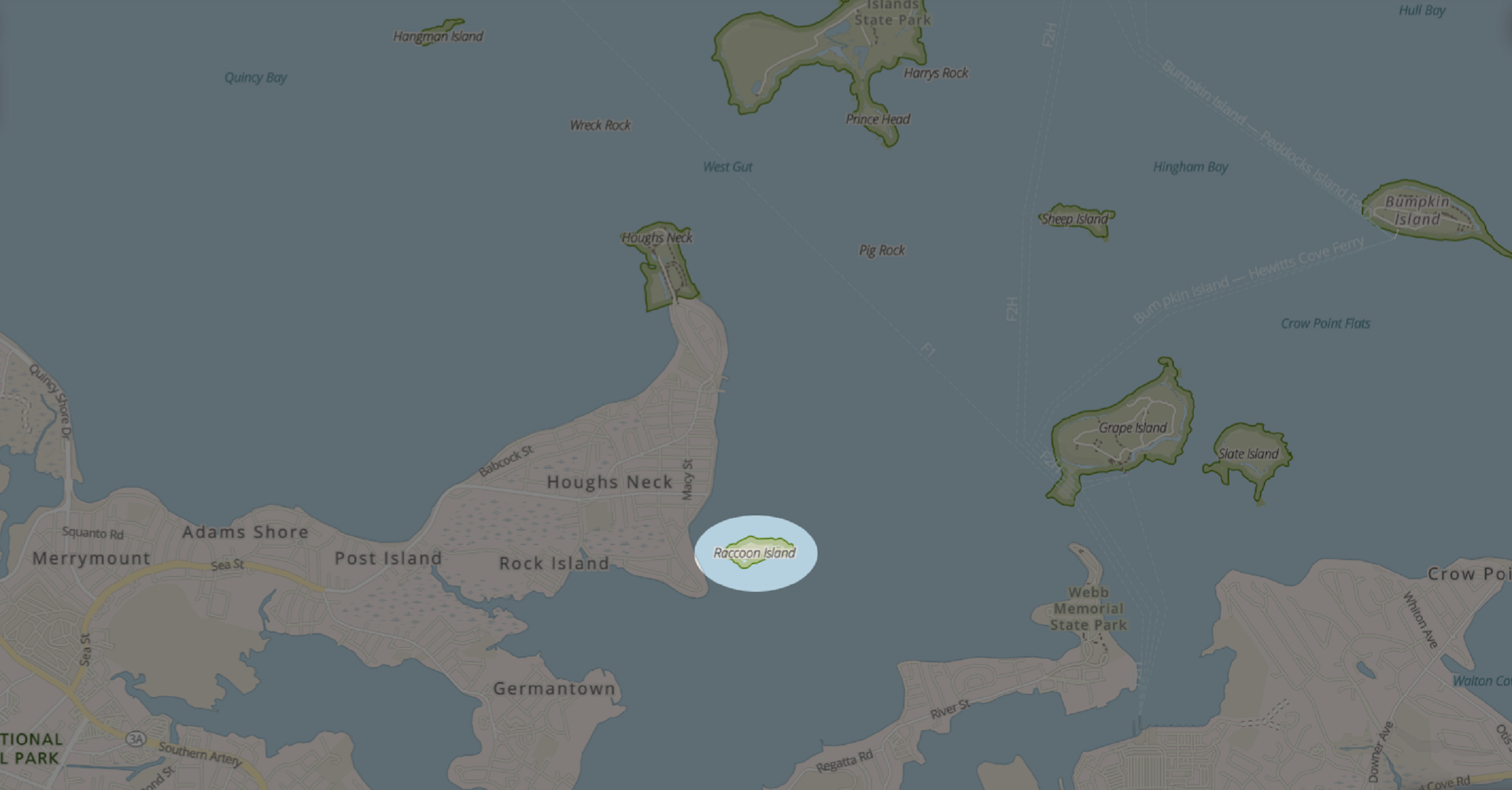 map of Massachusetts Bay near Hough's Neck, with Raccoon Island highlighted