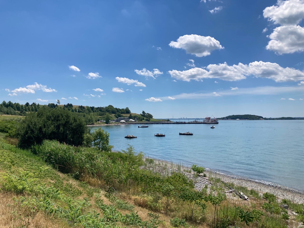 coastal view of an island shore. Dock and visitor center in the distance, with several boats in the water.