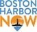 Blue and yellow text reads "Boston Harbor Now." The "O" in Now has a block image of Boston light in black.