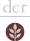 Grey letters "DCR" over grey leaves in maroon background.